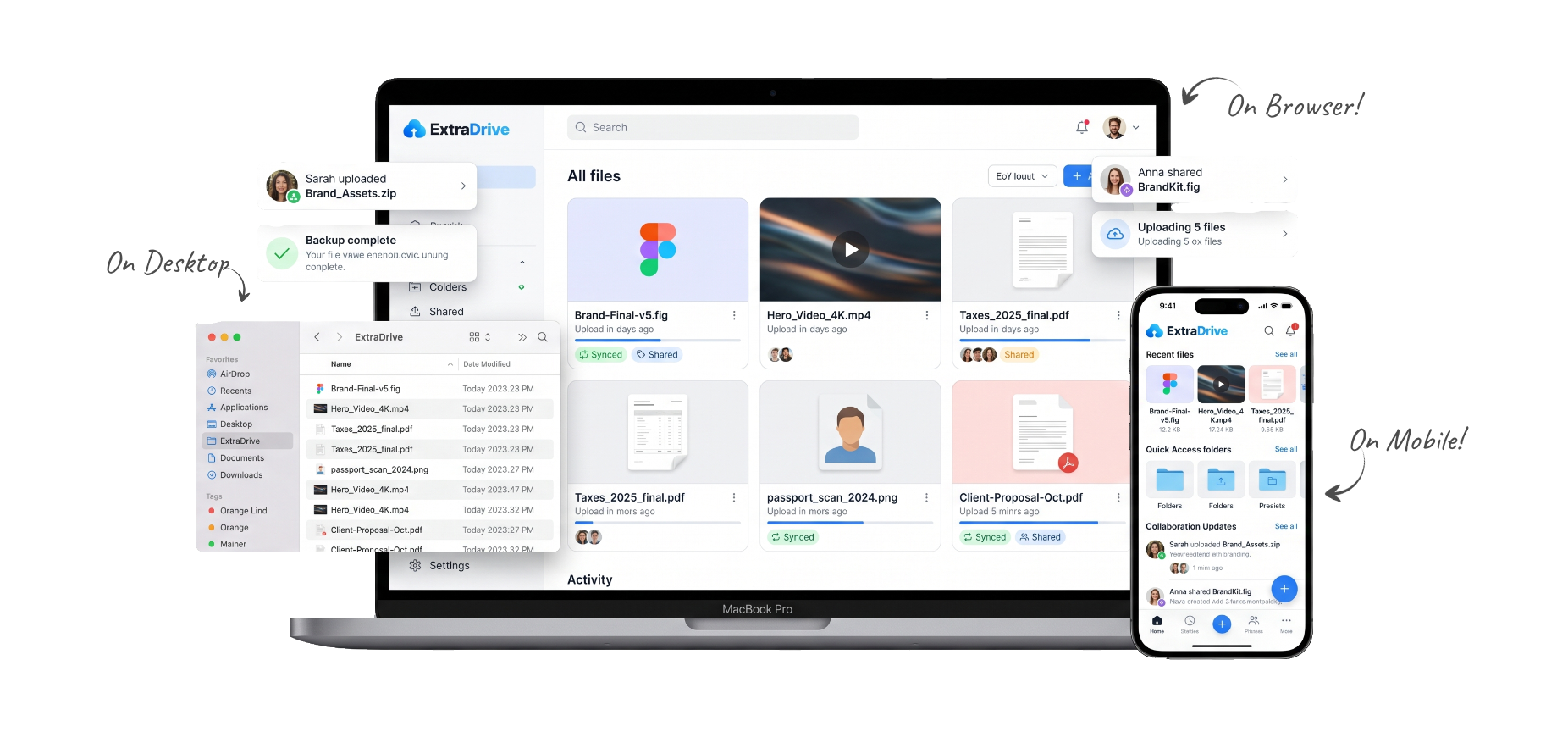 Extra Drive running on MacBook, browser, and iPhone